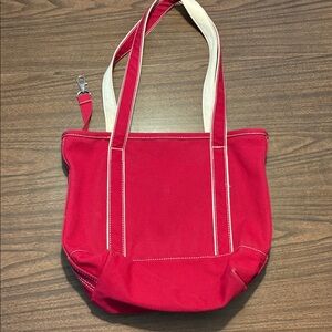 Lands End Red Medium Open Top Canvas Tote Bag Monogram